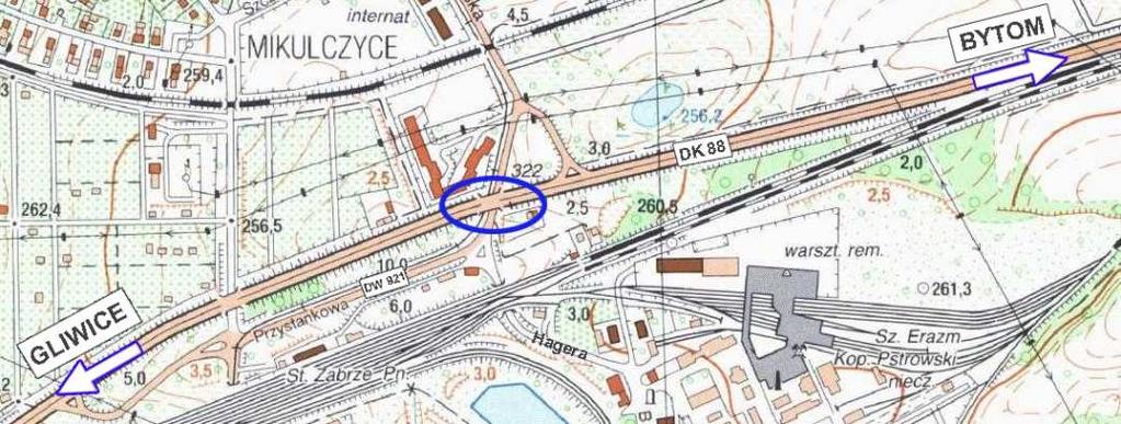 1008 Stan awaryjny wiaduktu drogowego w Zabrzu 2. Konstrukcja i wyposażenie wiaduktu Wiadukt zlokalizowany jest w Zabrzu w km 44+757 drogi krajowej DK 88.