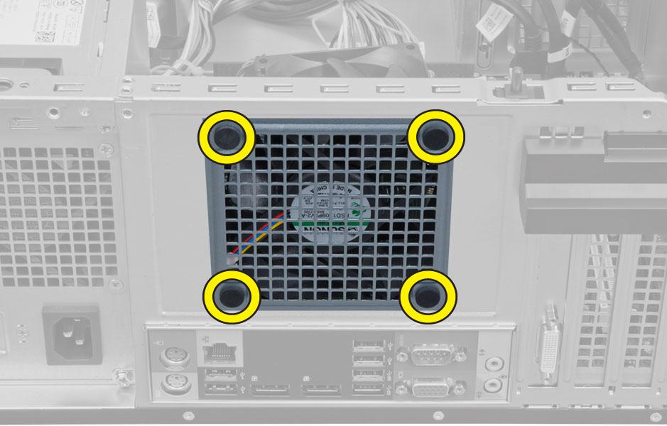 Instalowanie wentylatora systemowego 1. Umieść wentylator systemowy w ramie montażowej. 2. Przełóż cztery pierścienie przez otwór w obudowie i przesuń je wzdłuż rowka, aby je zamocować. 3.