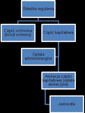 Rodzaje składek: a) Składka regularna opłacana zgodnie z częstotliwością określoną w polisie miesięczną, kwartalną, półroczną lub roczną; składa się z dwóch części: część ochronna składki regularnej