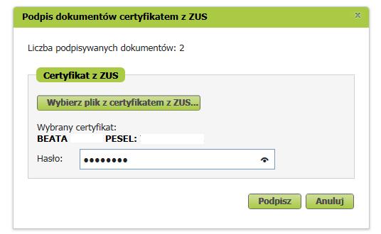 25 Podpisywanie certyfikatem z ZUS Po jednorazowym wybraniu pliku z certyfikatem, pojawi się informacja, czyj certyfikat wybrano. Widoczne będą dane identyfikacyjne właściciela.