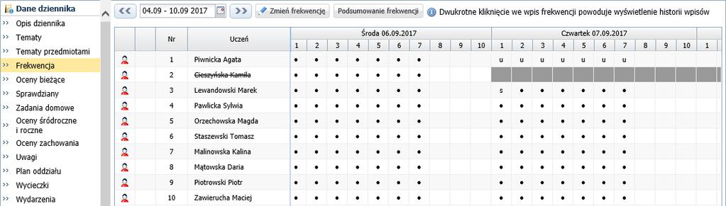 W tabeli frekwencji dostępnej na stronie Frekwencja wiersz ucznia od daty opuszczenia