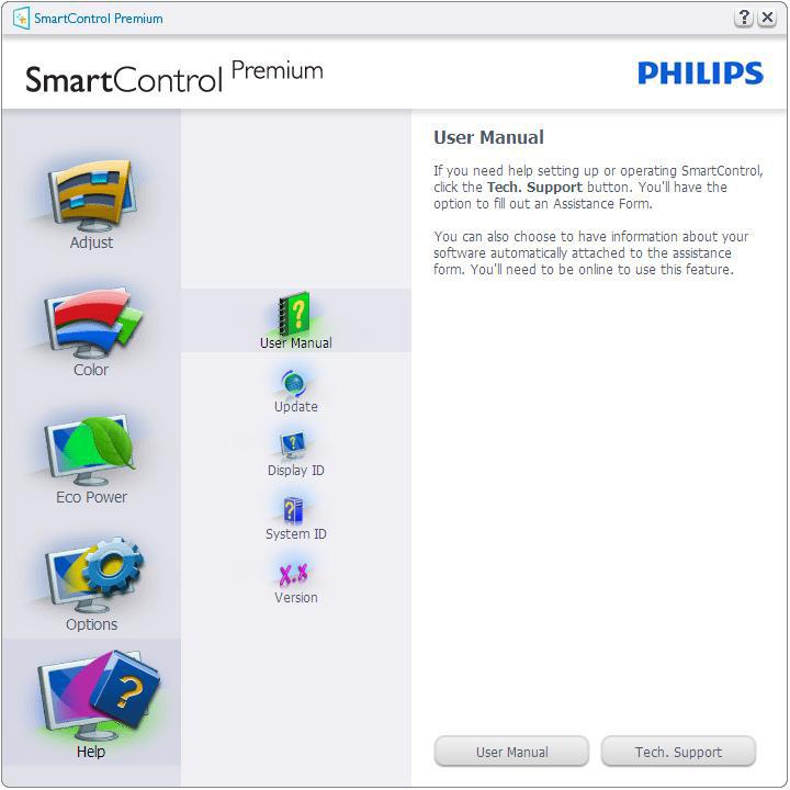 3. Optymalizacja obrazu Menu Help (Pomoc) Menu Help>User Manual (Pomoc>Podręcznik użytkownika) - Będzie aktywne wyłącznie po wybraniu opcji User Manual (Podręcznik użytkownika) z menu rozwijanego