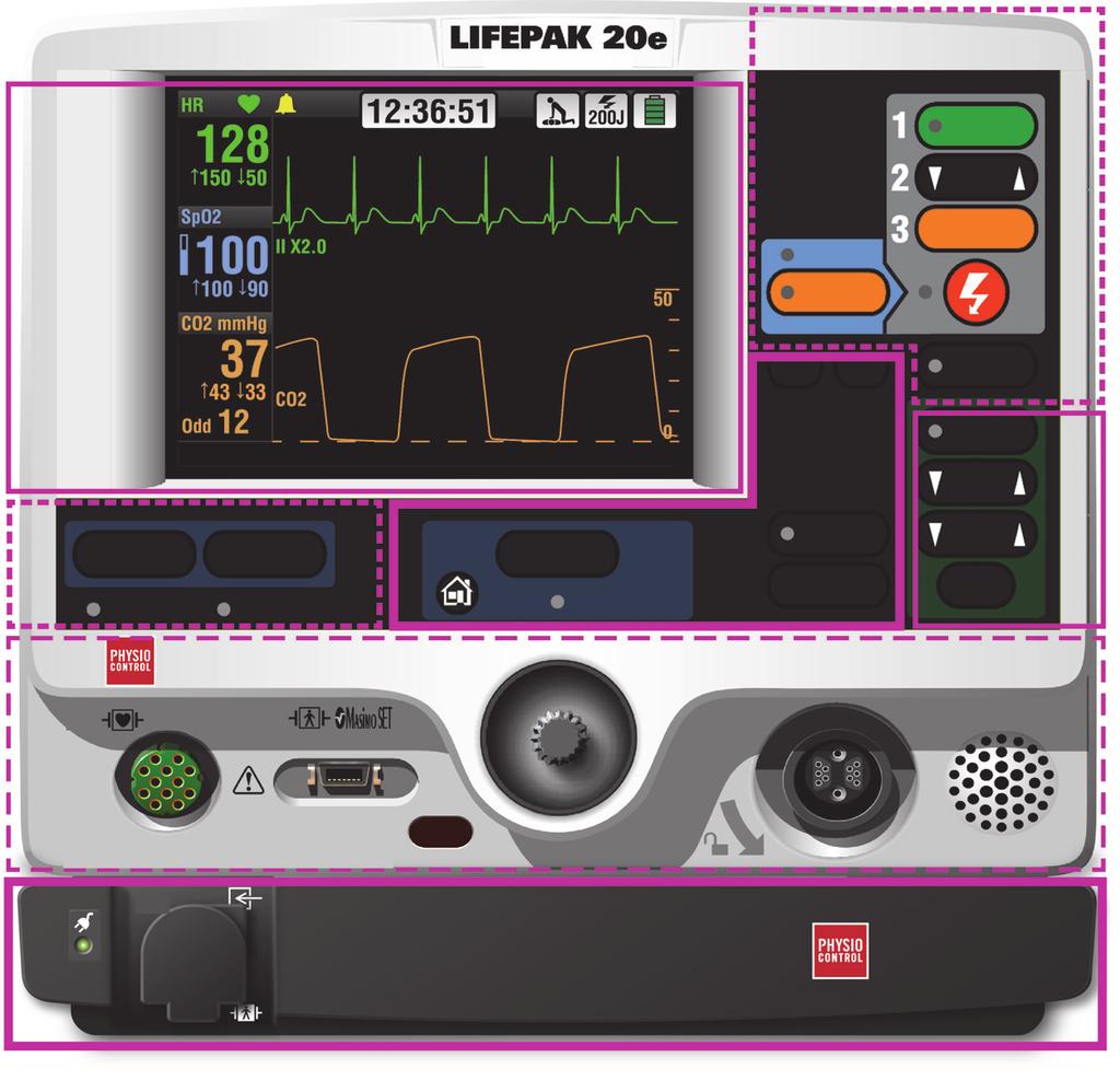 Opis ogólny DEFIBRILLATOR / MONITOR Zalecana Dawka energii dla dorosłego (w przypadku migotania komór) xxx-xxx-xxxj WŁĄCZONY Obszar 7 TRYB AED ANALYZE WYBÓR ENERGII ŁADOWANI Obszar 1 ODPR.
