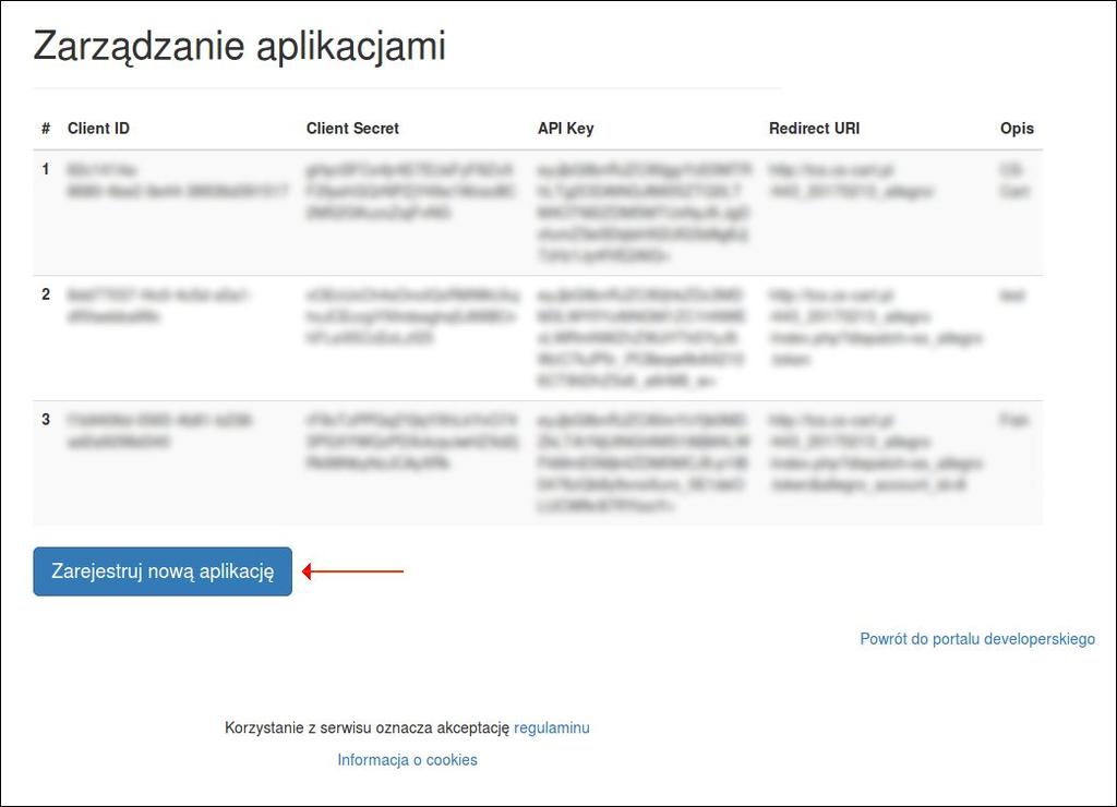 Rejestrujemy nową aplikację: Opis aplikacji może być dowolny a w polu adres wpisujemy dane z