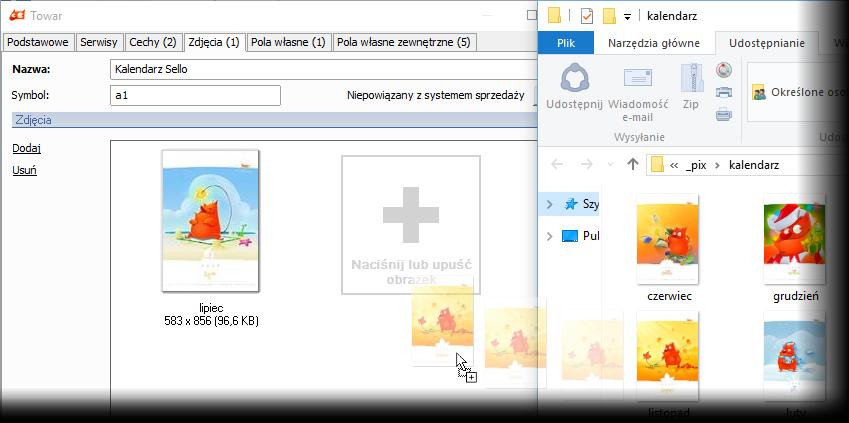Przeciągnij i upuść zdjęcie W towarach oraz aukcjach, na zakładce Zdjęcia, można dodawać zdjęcia poprzez przeciąganie ich z zewnętrznych programów, np z Eksploratora Windows.