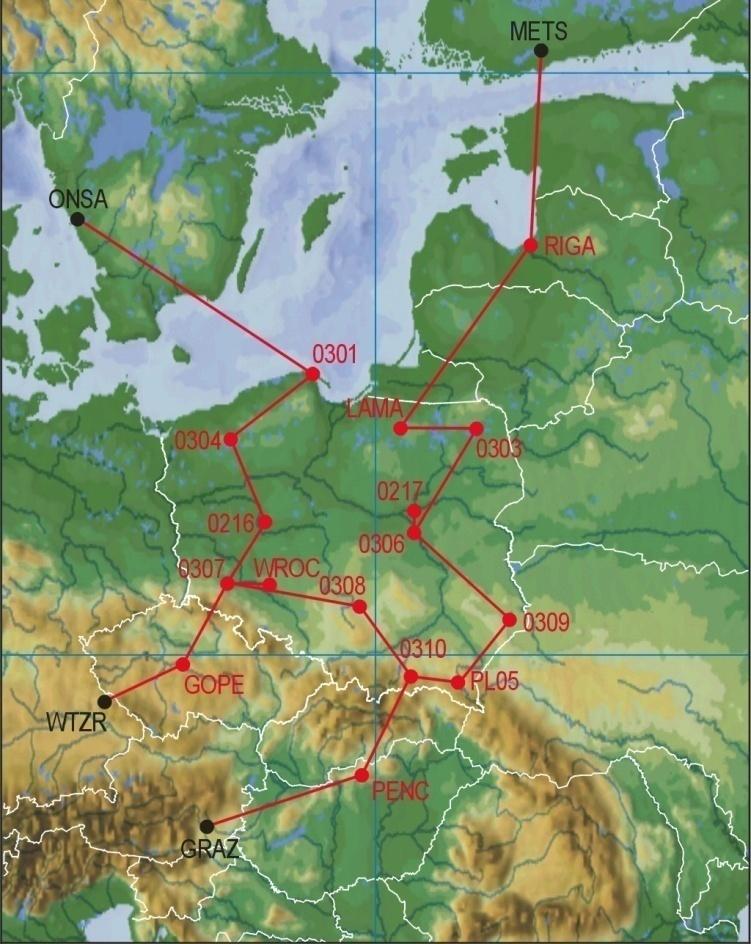 Kampania EUREF- POL 92 11 punktów Kampania obserwacyjna, przeprowadzona przez Zakład Geodezji Planetarnej Centrum