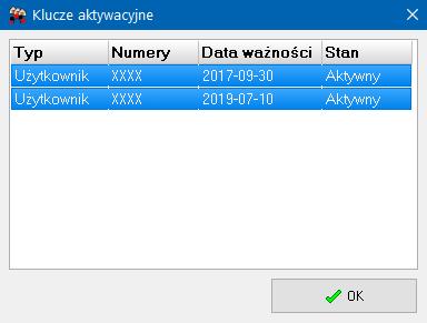 W oknie pojawi się lista numerów seryjnych sterowników VIRGO objętych licencją oraz okres ważności kluczy aktywacyjnych. 3.