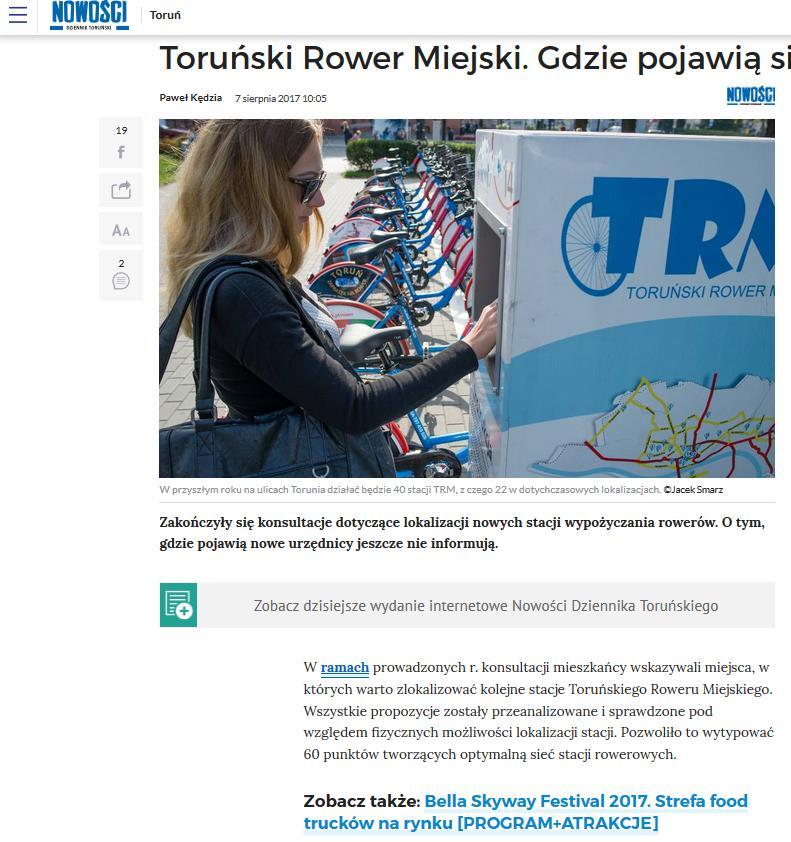 Artykuł w gazecie Nowości, 7 sierpnia 2017 r. Cały tekst: Toruński Rower Miejski. Gdzie pojawią się nowe stacje?