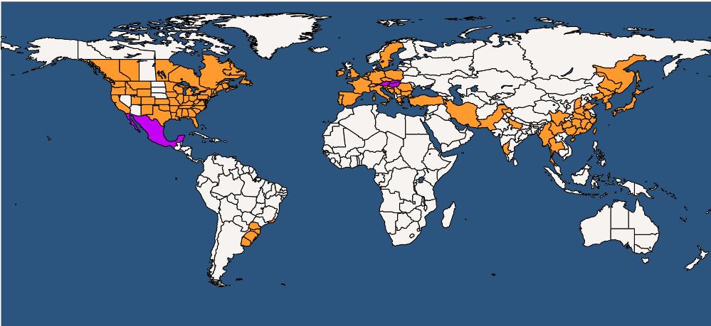 https://gd.eppo.int/taxon/drossu/distribution Rys. 1. Występowanie Drosophila suzukii w różnych rejonach świata (styczeń 2017) D.