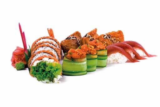 ZESTAWY SUSHI NAMI 15 szt. Maki krewetka w tempurze, ogórek, por, sałata, plastry łososia Gunkan tatar z łososia Nigiri tuńczyk Inari z pieczonym łososiem 6 AKI 24 szt.