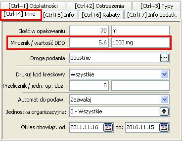 Karta BLOZ zakładka Ctrl+2 Ceny B) Zmodyfikowana kartoteka leku (mnożnik DDD, opis DDD, typ leku) W systemie