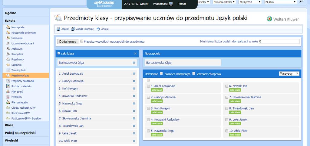 Przypisanie uczniów do grup Funkcja ta umożliwia tworzenie grup językowych, wychowania fizycznego, informatyki i innych.