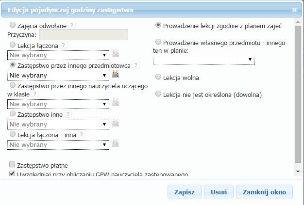Następnie wskazujemy nieobecnego nauczyciela i czas nieobecności, po czym system generuje listę lekcji, które w tym czasie miał przeprowadzić nieobecny nauczyciel. Rysunek 38.