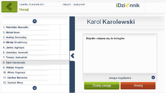 Rysunek 85. Panel lekcyjny - okno dodawania nowej uwagi.