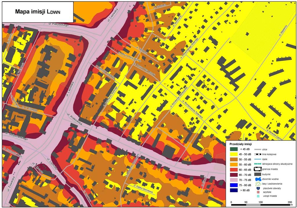 Rys. 9.16. Mapa Imisji L DWN hałasu drogowego dla ul. Krakowskiej i ul.