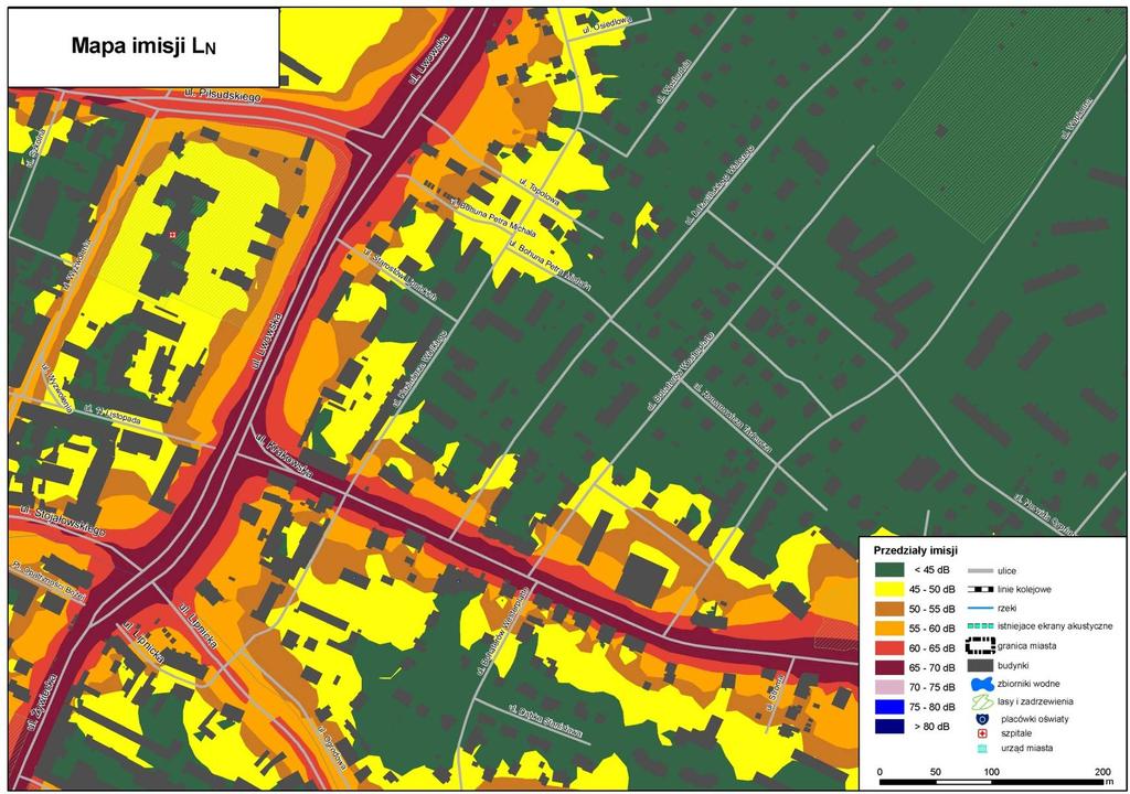 Rys. 9.18. Mapa Imisji L N hałasu drogowego dla ul. Krakowskiej i ul.