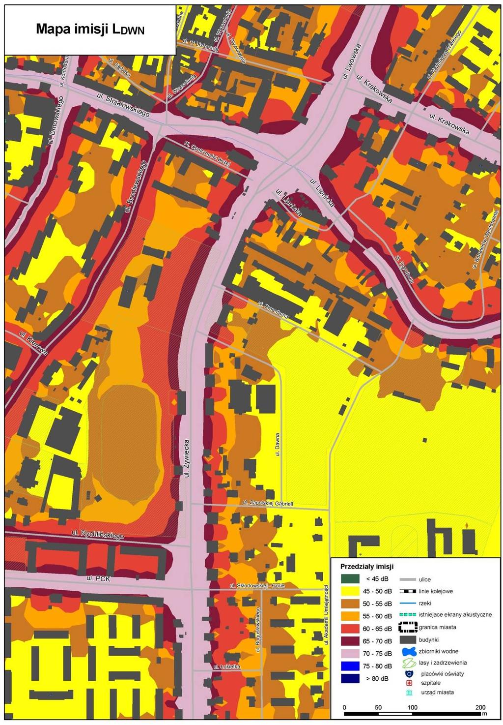 Rys. 9.20. Mapa Imisji L DWN hałasu drogowego dla ul.