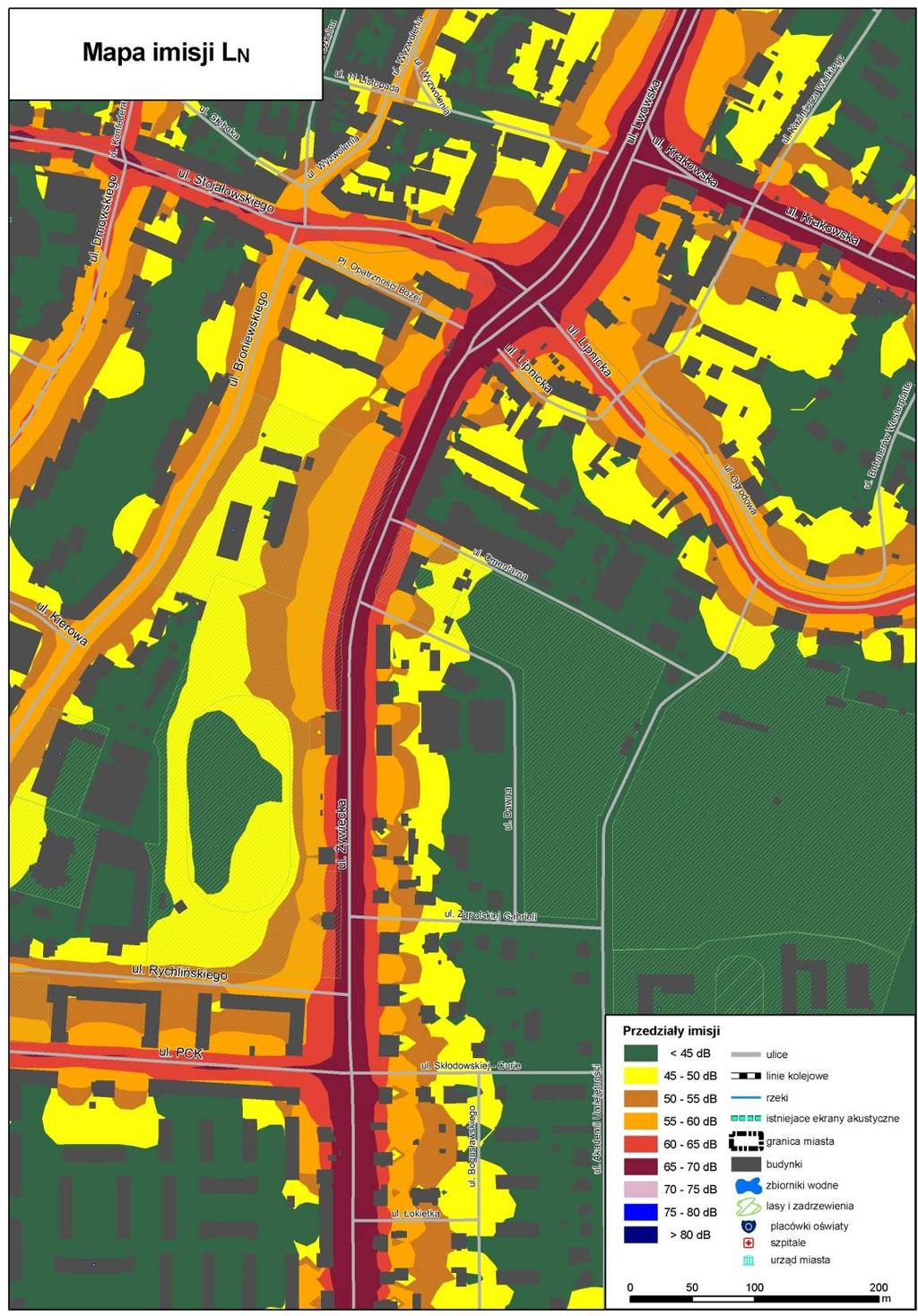 Rys. 9.22. Mapa Imisji L N hałasu drogowego dla ul.