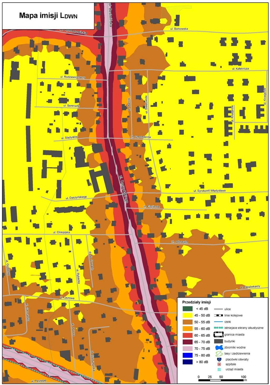 Rys. 9.24. Mapa Imisji L DWN hałasu drogowego dla ul.