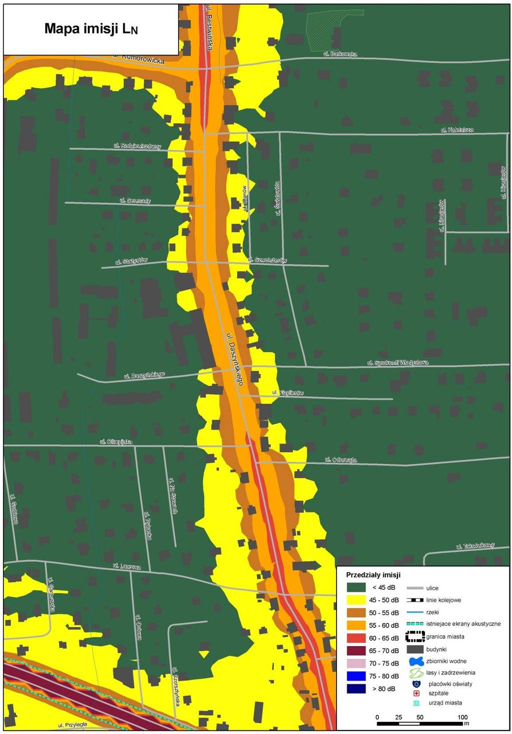 Rys. 9.26. Mapa Imisji L N hałasu drogowego dla ul.