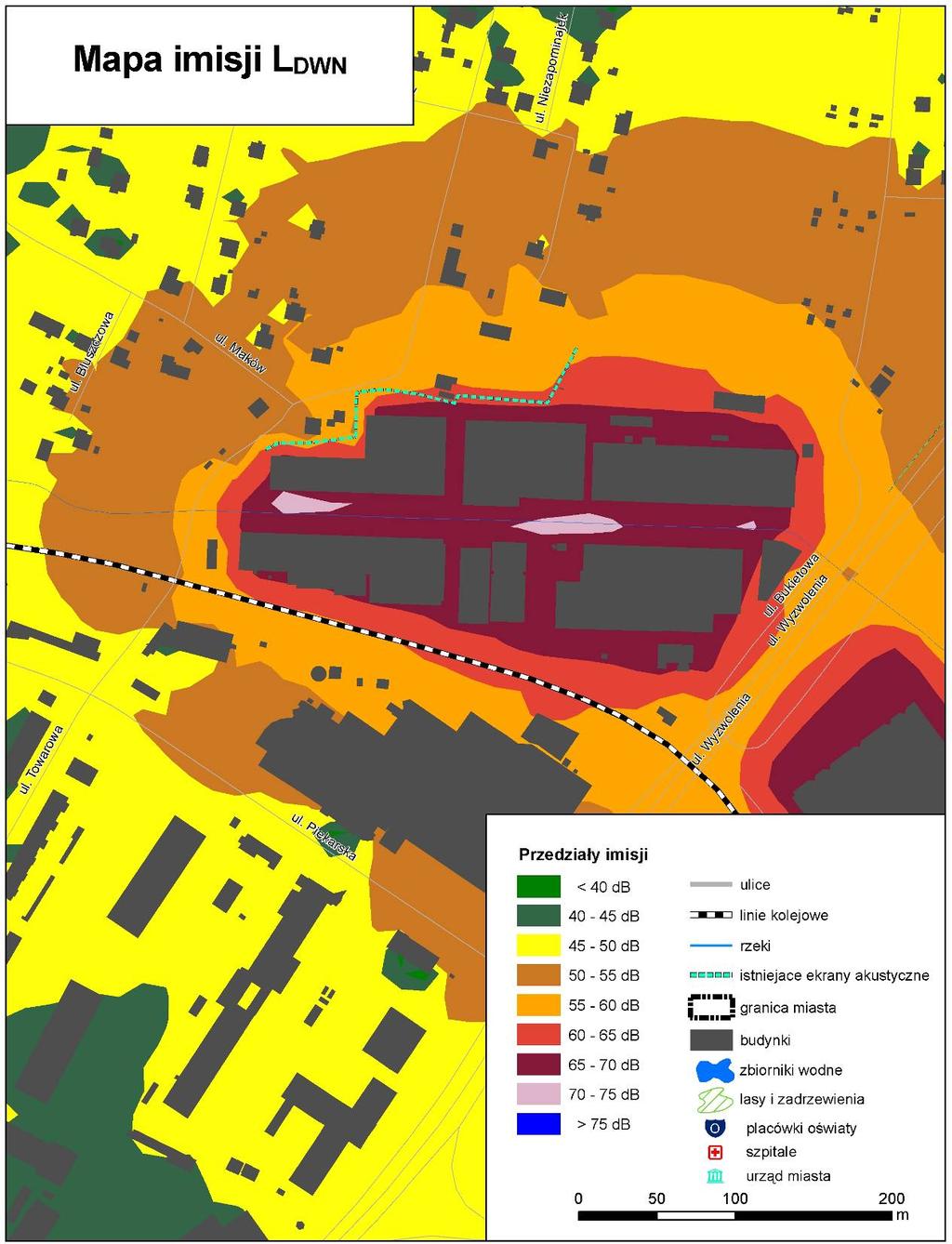 Rys. 9.4. Mapa Imisji L DWN hałasu przemysłowego w otoczeniu Zakładu BISPOL S.A.