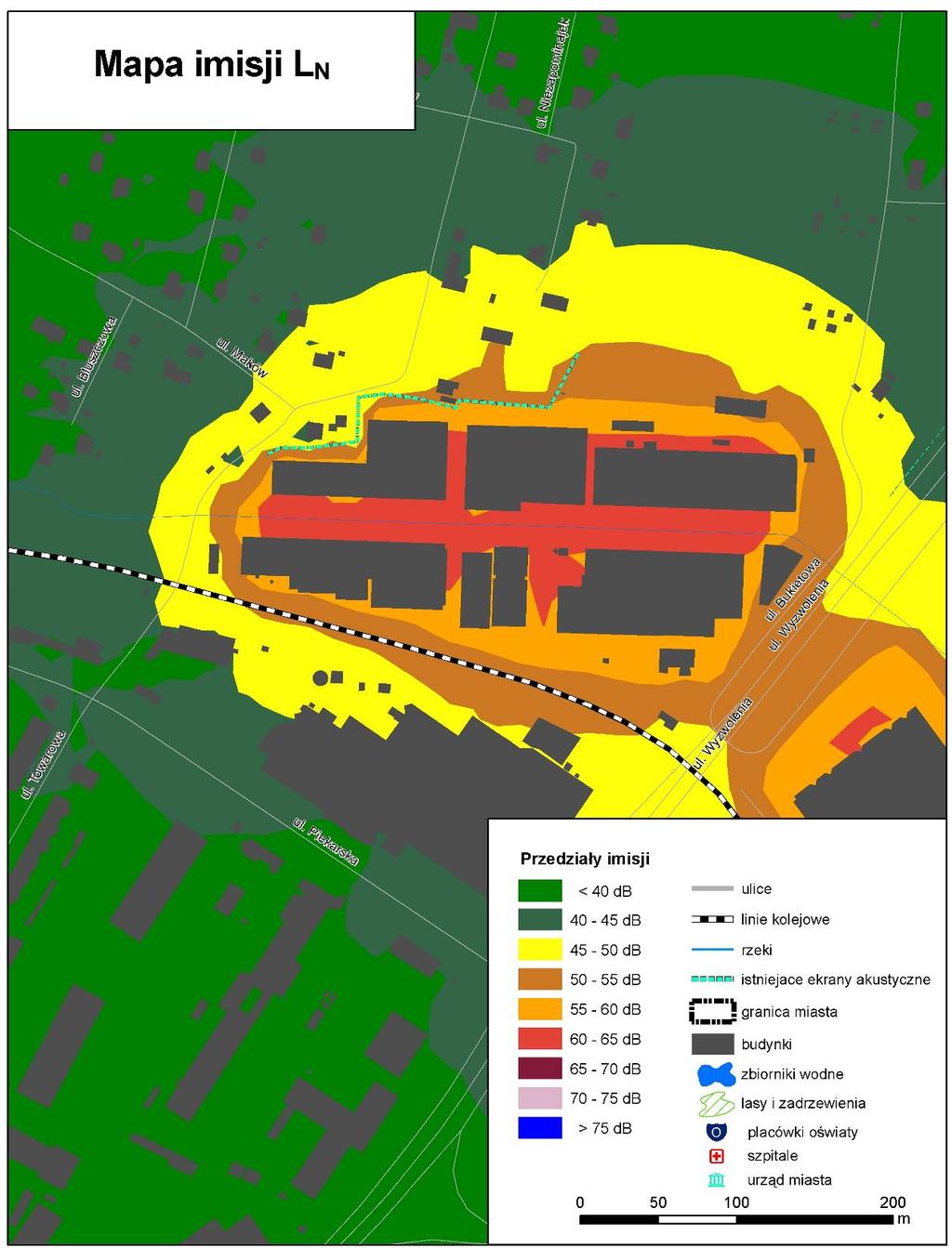 Rys. 9.6. Mapa Imisji L N hałasu przemysłowego w otoczeniu Zakładu BISPOL S.A.