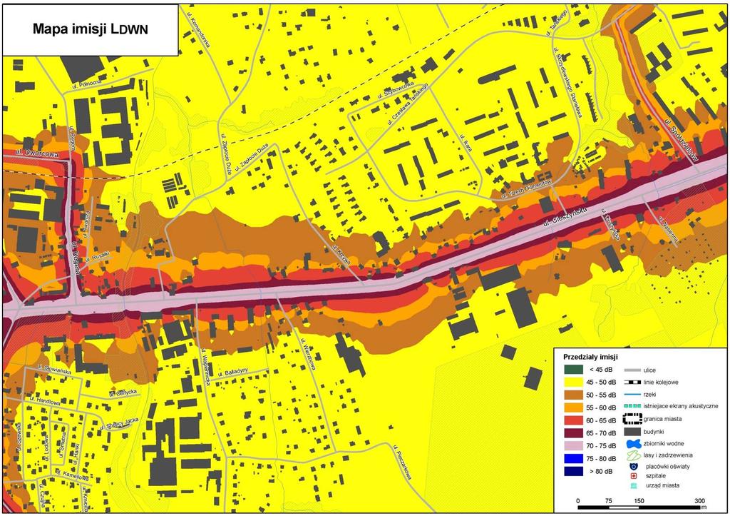 Rys. 9.8. Mapa Imisji L DWN hałasu drogowego dla ul.