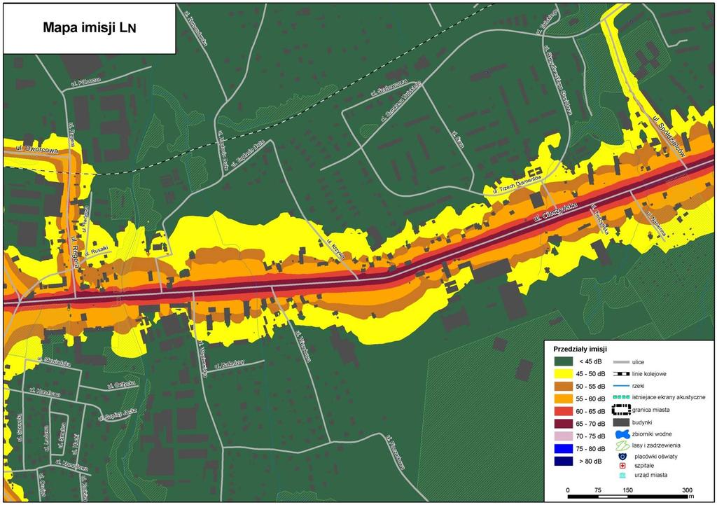 Rys. 9.9. Mapa Imisji L N hałasu drogowego dla ul.