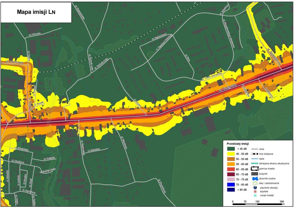 Rys. 9.10. Mapa Imisji L N hałasu drogowego dla ul.