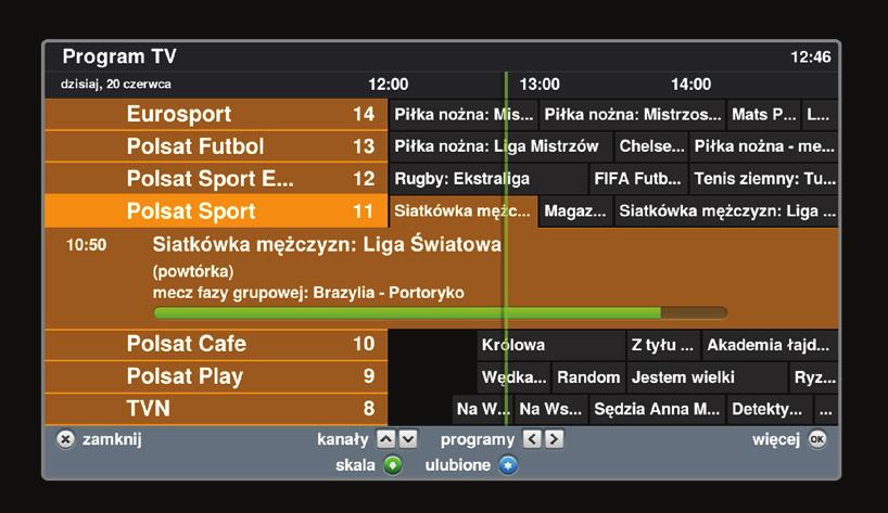 Opis audycji wyświetlany jest tak, jak opisano to wyżej w niniejszej instrukcji. Wyjście z opisu audycji do listy audycji na kanale odbywa się za pomocą przycisku w lewo.