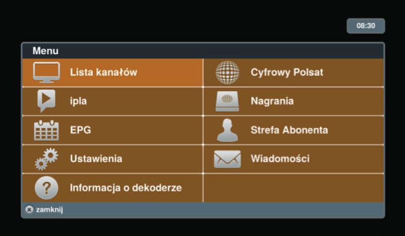 Wybór odpowiedniej opcji odbywa się za pomocą przycisków kierunkowych na pilocie i OK. Wyjście z menu odbywa się za pomocą przycisku X.