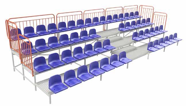 Trybuny sportowe Stałe - na obiekty zewnętrzne Trybuny stałe z siedziskami plastikowymi Trybuna stała z siedziskami plastikowymi wyposażona jest w barierki ochronne z tyłu oraz z boków.