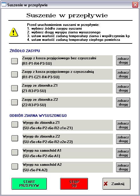 Rys.21. Wybór dróg technologicznych Po wybraniu <START PRZEPŁYW> następuje proces uruchomienia suszarni.