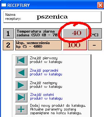 Rys.24. Zmiana temperatury zadanej ziarna z poziomu okna <Receptury>. Po zmianie parametru należy zawsze pamiętać o przesłaniu nowej wartości SV do sterownika za pomocą klawisza.