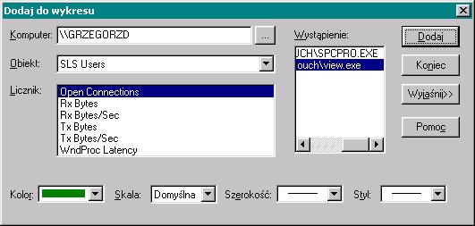 Za ich pomocą moŝna w formie wykresów lub zestawień sprawdzać wiele aspektów komunikacji SuiteLink, przykładowo: Za pomocą licznika SLS Users/Open Connections (otwarte połączenia SuiteLink) moŝna