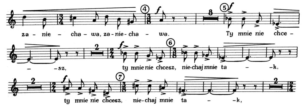 Błażej Wiliński, Muzyka ludowa w twórczości Witolda Lutosławskiego 27 Przykład 3: Część I, wers trzeci, numery 5-7 (W.