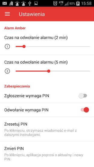 USTAWIENIA Alarmy Amber - ustawienia czasu, jaki będzie odliczany w przypadku wywołania alarmu Amber. Możliwy do ustawienia zakres wynosi od 1 do 10 minut dla obydwu typów alarmu Amber.