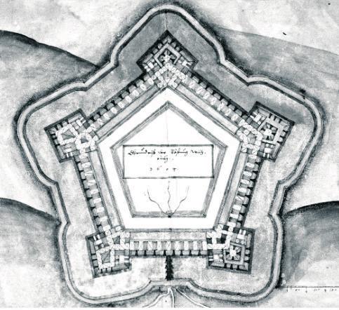 Zamek w Brodach: fazy rozwojowe fortyfikacji 7 Rys. 1. Odpowiedniki do pięciokątnej fortyfikacji zamku w Brodach: góra: Wülzburg (wyidealizowany rysunek bastionowego zamku), 1604 r.