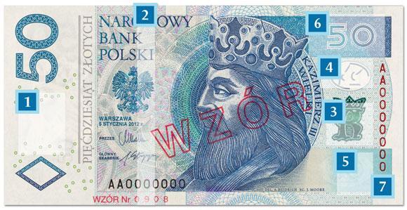 3) BANKNOT 50 PLN Banknot o nominale 50 złotych zdobi portret polskiego króla Kazimierza III Wielkiego.