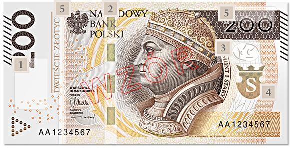 5) BANKNOT 200 PLN Na banknocie o nominale 200 złotych umieszczono portret