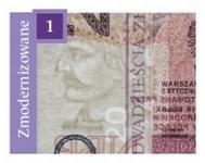 Charakterystyczne elementy zmodernizowanego banknotu: a) znak wodny z cyfrowym oznaczeniem nominału widoczny pod światło na czystym polu (1) b) pas opalizujący w kolorze liliowym (3),