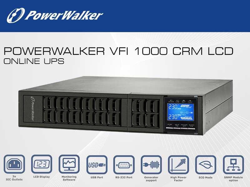 VFI 1000 CRM LCD został zaprojektowany z myślą o bardzo płytkich szafach RACK, głębokość UPS-a to jedyne 310mm, wykonany w technologii ON-LINE znajduje