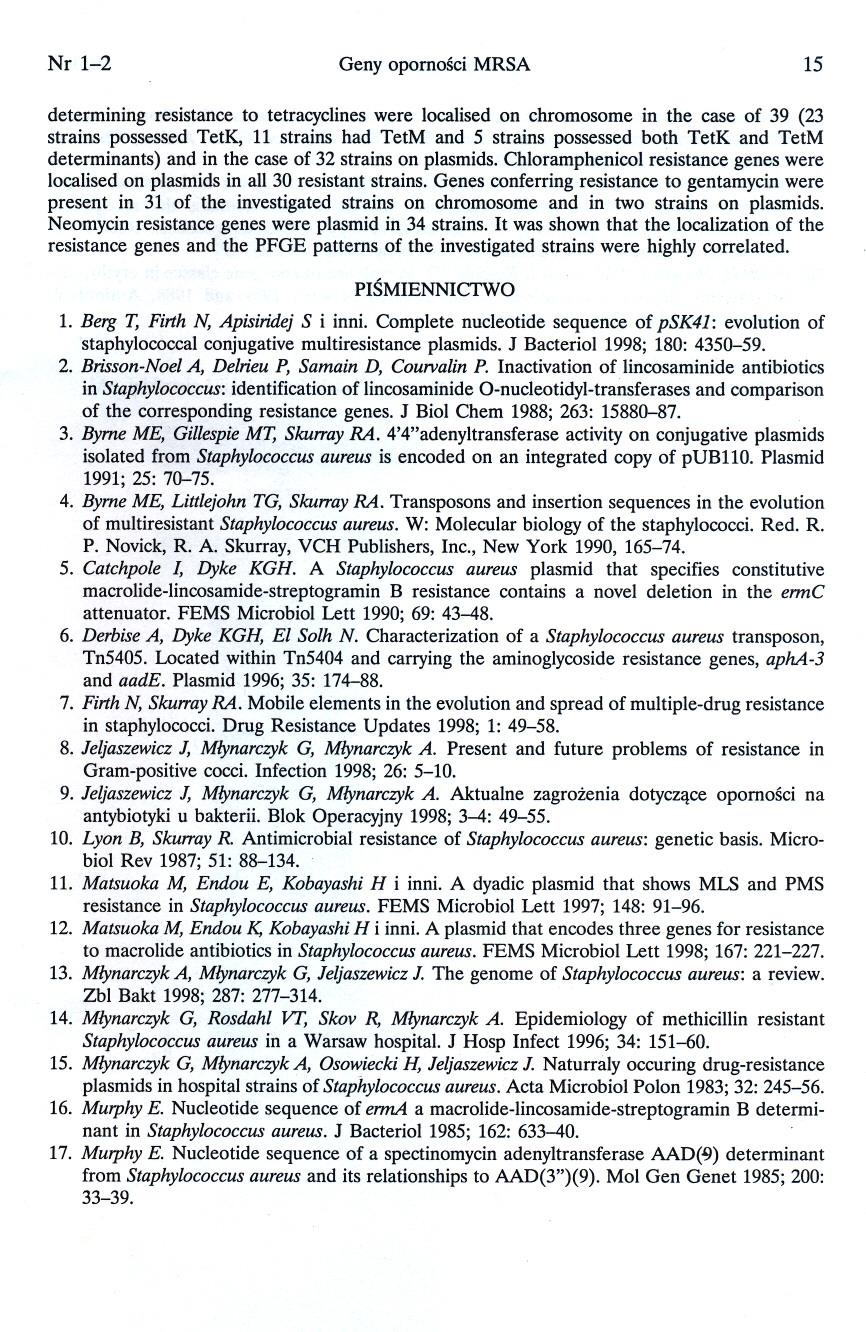 Nr 1-2 Geny opornosci MRSA 15 determining resistance to tetracyclineswere localised on chromosome in the case of 39 (23 strains possessed TetK, 11 strains had TetM and 5 strains possessed both TetK