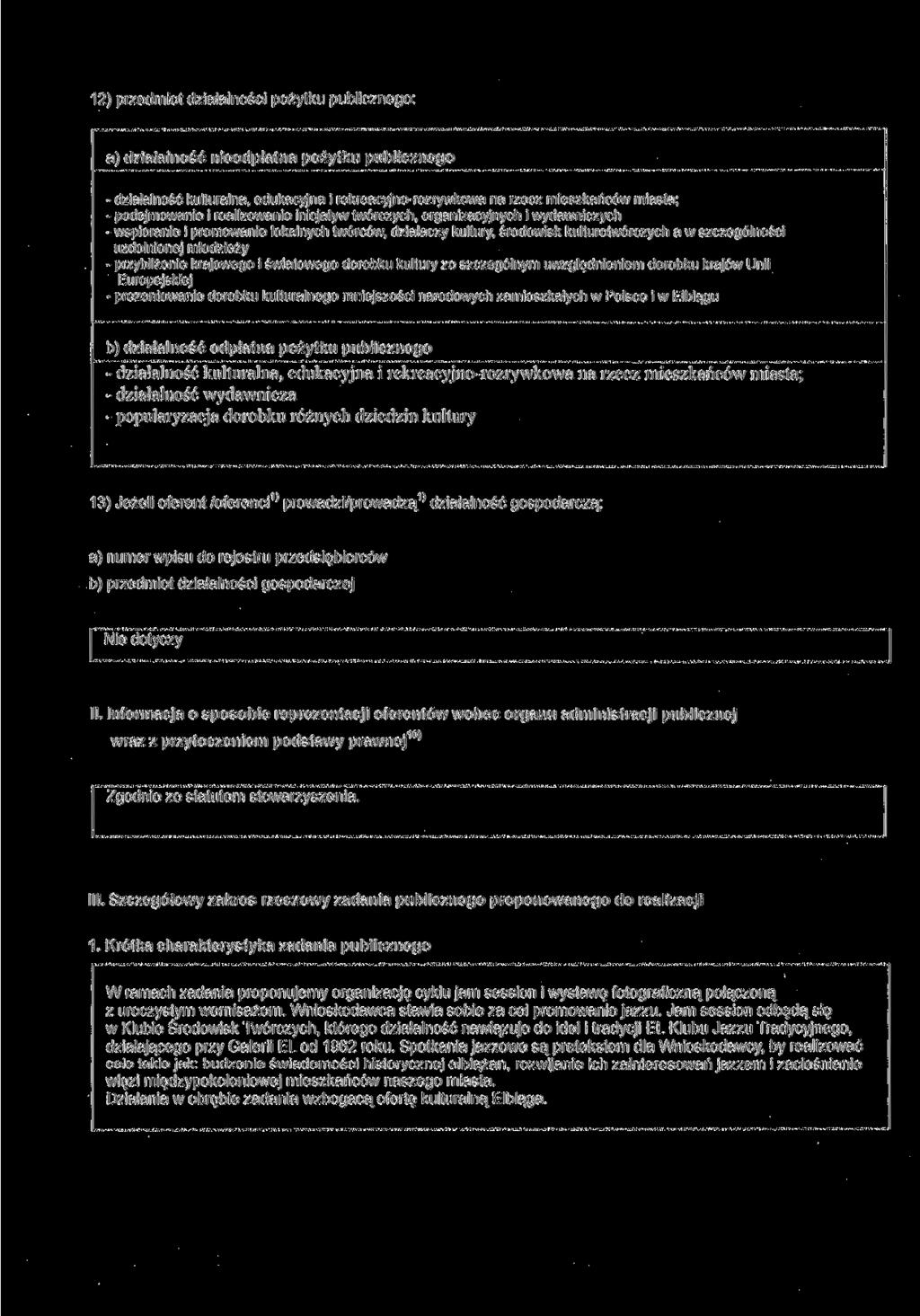 12) przedmiot działalności pożytku publicznego: a) działalność nieodpłatna pożytku publicznego - działalność kulturalna, edukacyjna i rekreacyjno-rozrywkowa na rzecz mieszkańców miasta; -