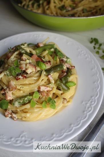 Spaghetti carbonara z fasolką szparagową Czas wykonania: 20 min Ilość porcji: 3 4 porcje 200 g makaronu spaghetti 100 g fasolki szparagowej (mrożonej) 100 g boczku wędzonego 1 cebula Sos: 100 ml