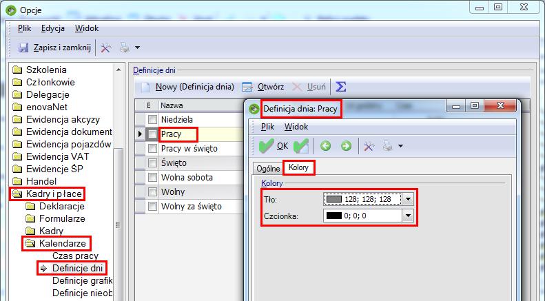 1.2 Konfiguracja 1.2.1 Kolorowanie definicji dni W celu wprowadzenia zmian dla definicji dni należy wejść w Narzędzia Opcje Kadry i płace Kalendarze Definicje dni.
