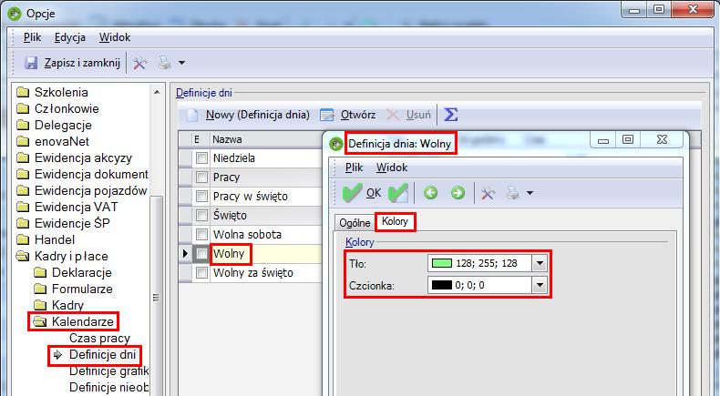 Rysunek 3 Ustawienie kolorów dla definicji dnia 'Wolny'