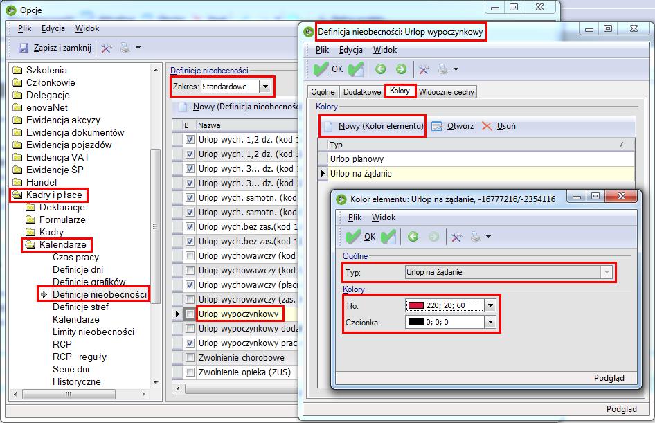 Rysunek 7 Ustawienie kolorów dla definicji nieobecności 'Urlop wypoczynkowy' (na żądanie) Zwolnienie chorobowe: Przyczyna - Zwolnienie lekarskie W definicji nieobecności na