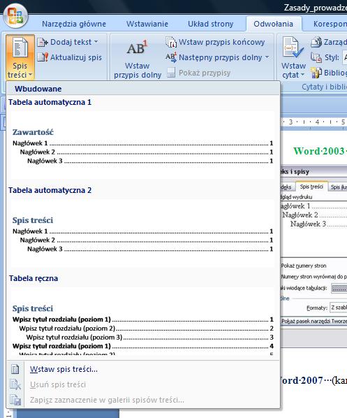 zakładka Spis treści) Word 2007 (karta