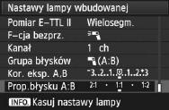 Korzystanie z bezprzewodowej lampy błysowejn [1 (A:B)] Wiele jednoste podrzędnych w wielu grupach A B 1 Jednosti podrzędne można podzielić na grupy A i B, a następnie zmienić proporcje ich błysu, aby